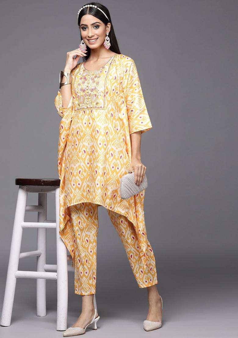 Yellow Printed Polyester Kurta Set - Indya