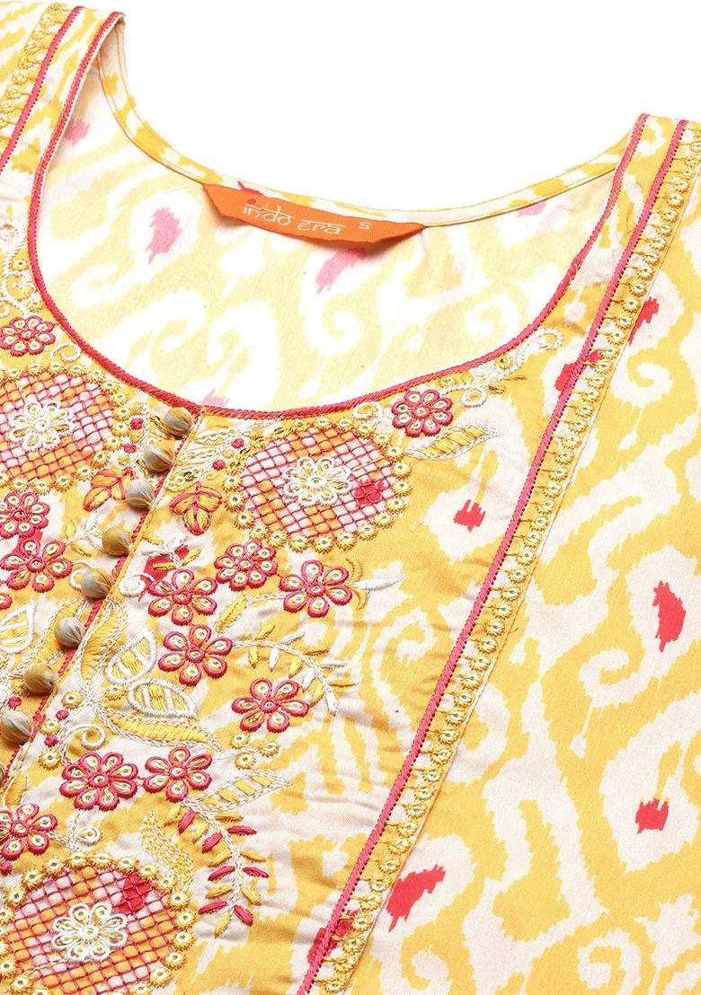 Yellow Printed Polyester Kurta Set - Indya
