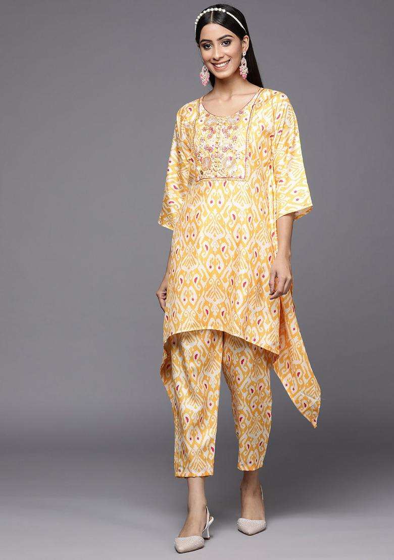Yellow Printed Polyester Kurta Set - Indya
