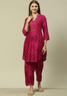 Pink Printed Viscose Kurta Set