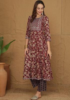 Purple Yoke Design Cotton Kurta Set