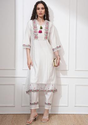 Off White Printed Polyester Kurta Set