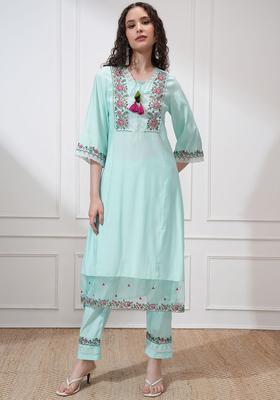Blue Yoke Design Polyester Kurta Set
