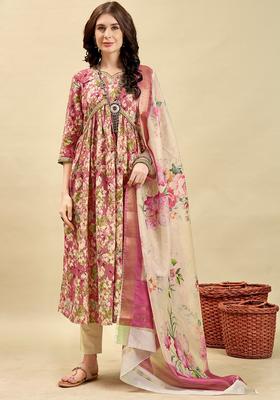Pink Printed Viscose Kurta Set