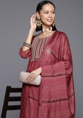 Rust Yoke Design Silk Blend Kurta Set