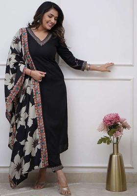 Black Solid Viscose Kurta Set
