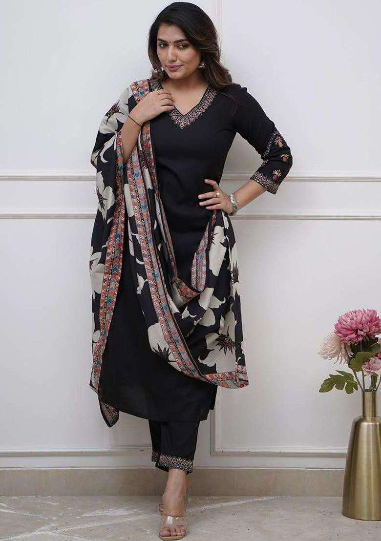 Black Solid Viscose Kurta Set - Indya
