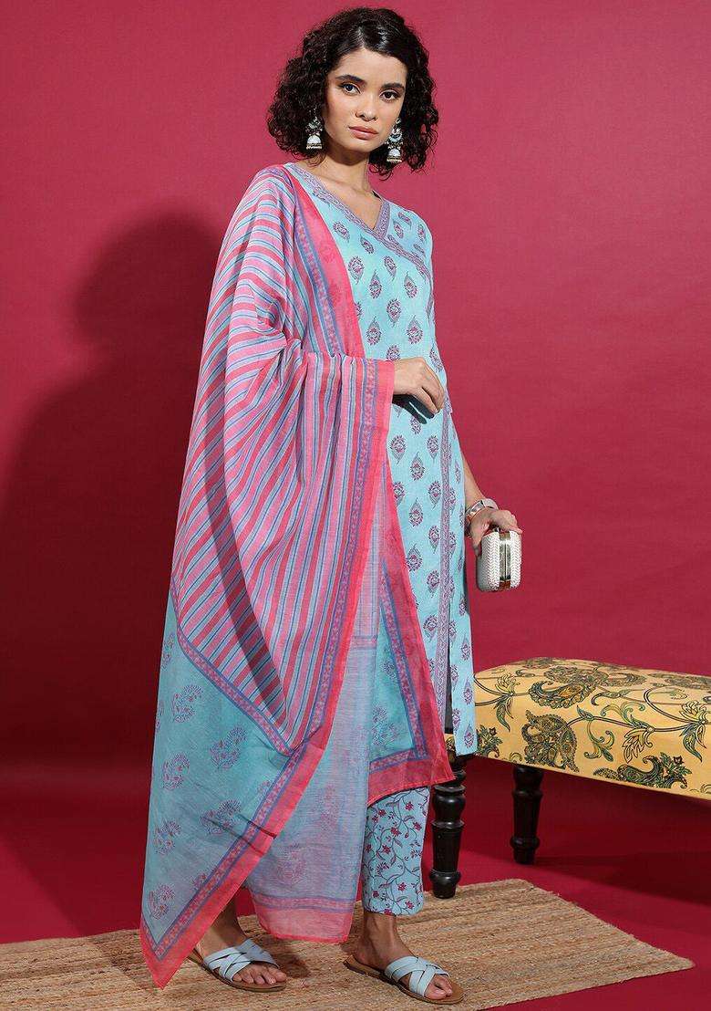 Turquoise Blue Printed Polyester Kurta Set - Indya