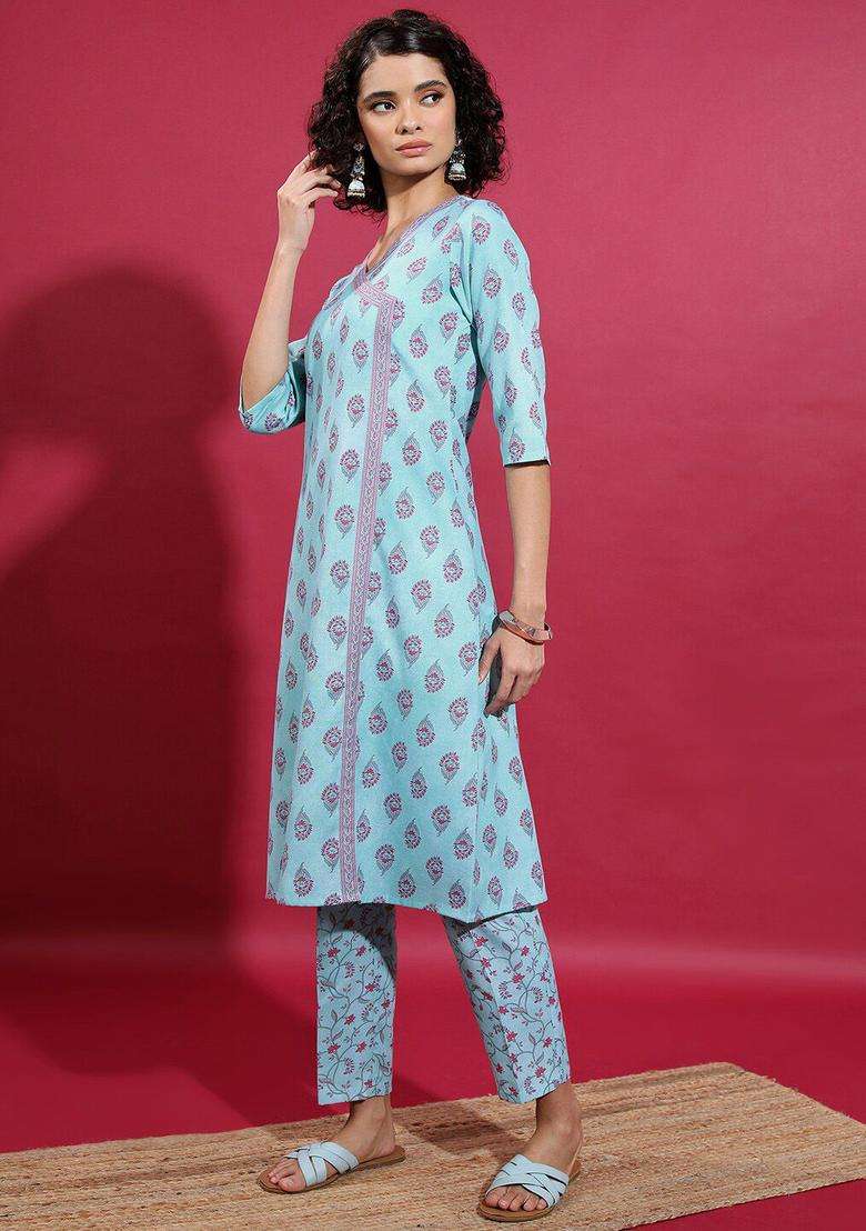 Turquoise Blue Printed Polyester Kurta Set - Indya