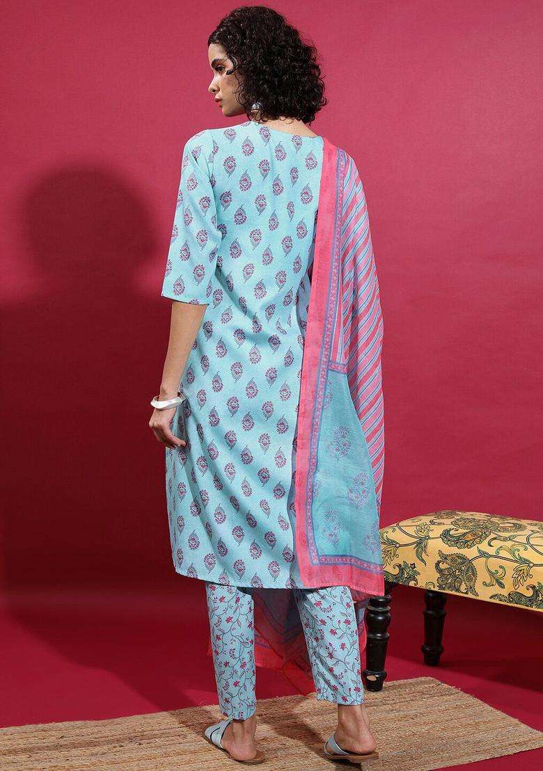 Turquoise Blue Printed Polyester Kurta Set - Indya