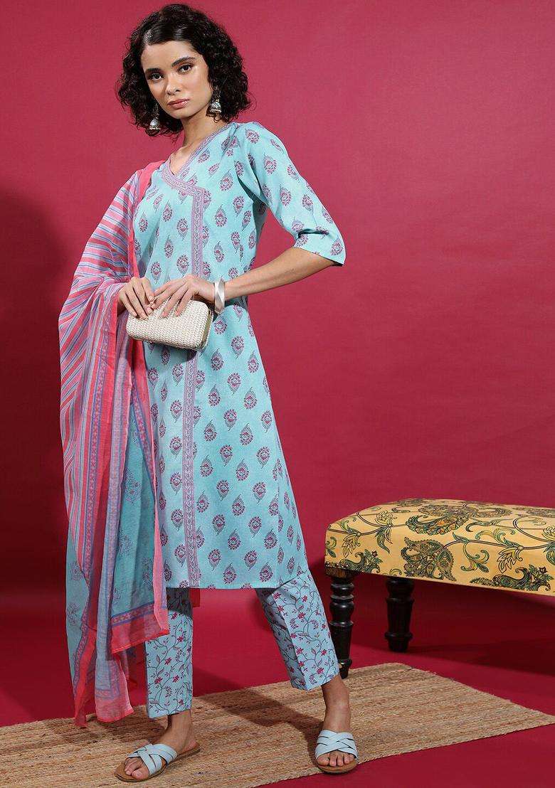 Turquoise Blue Printed Polyester Kurta Set - Indya