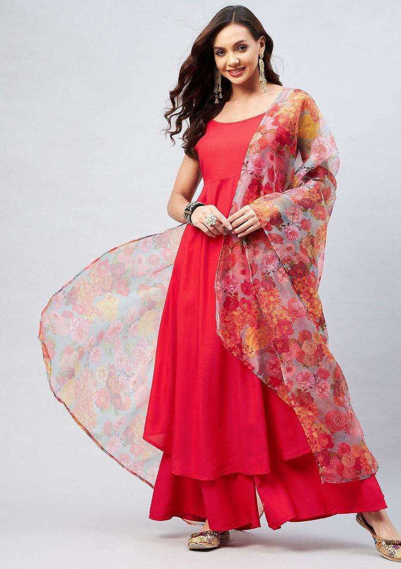 Red Solid Viscose Anarkali Set - Indya