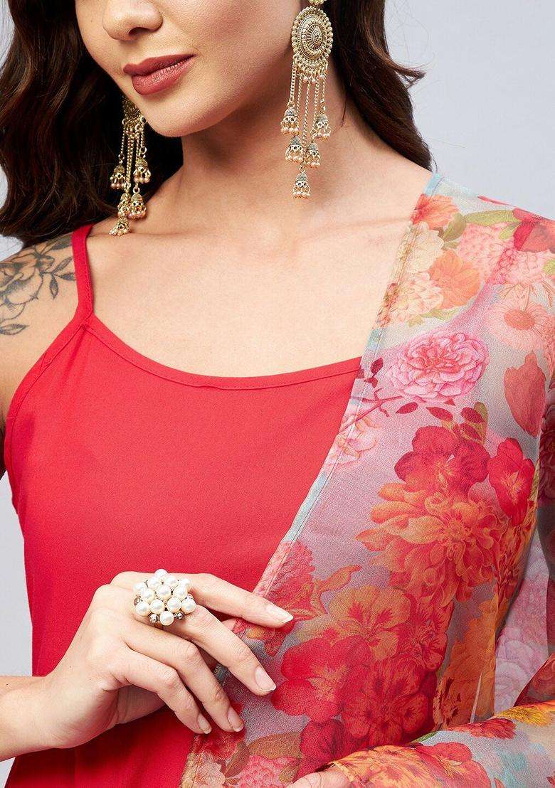 Red Solid Viscose Anarkali Set - Indya