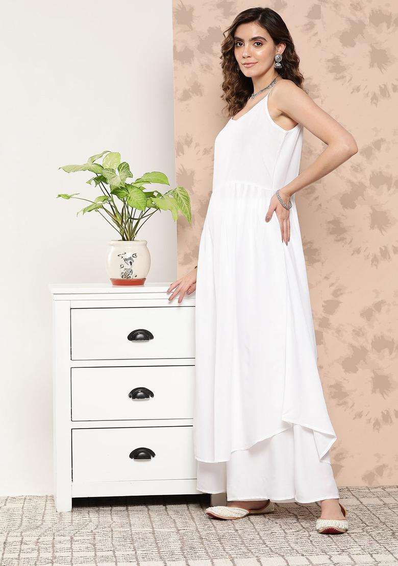 White Solid Viscose Kurta Set - Indya