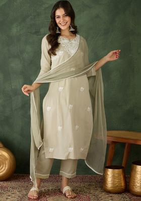 Beige Embroidered Cotton Kurta Set
