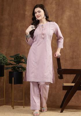 Lavender Solid Cotton Kurta Set