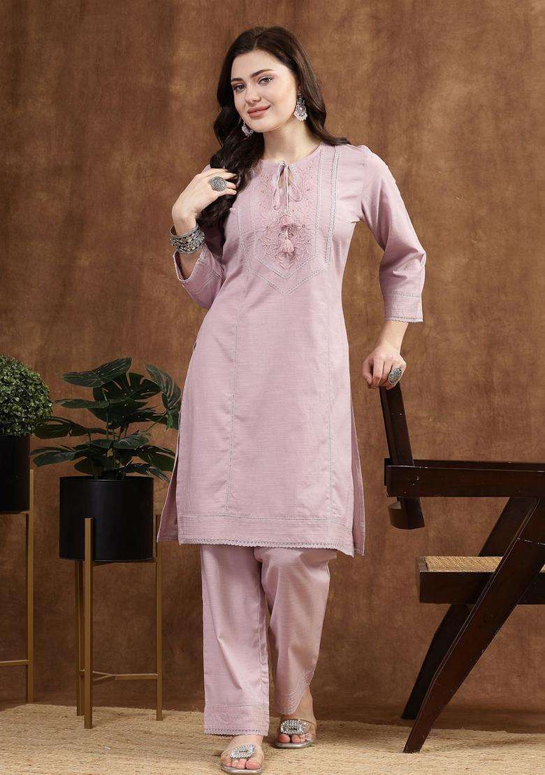 Lavender Solid Cotton Kurta Set - Indya