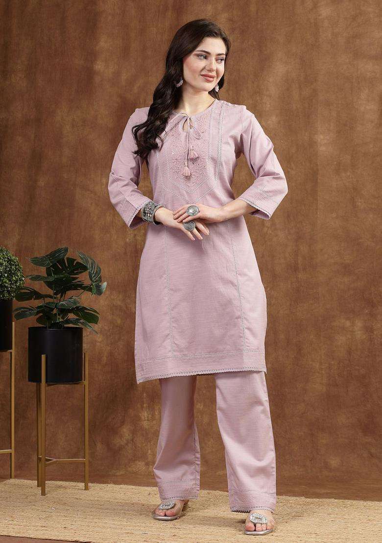 Lavender Solid Cotton Kurta Set - Indya