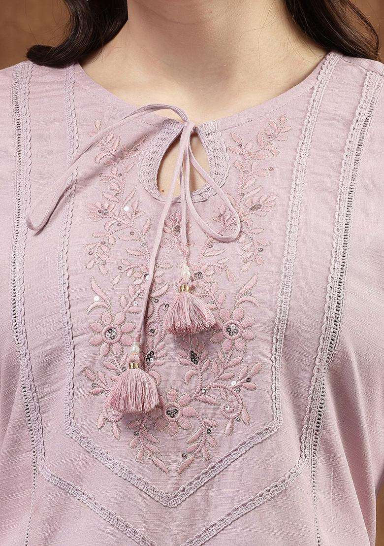 Lavender Solid Cotton Kurta Set - Indya