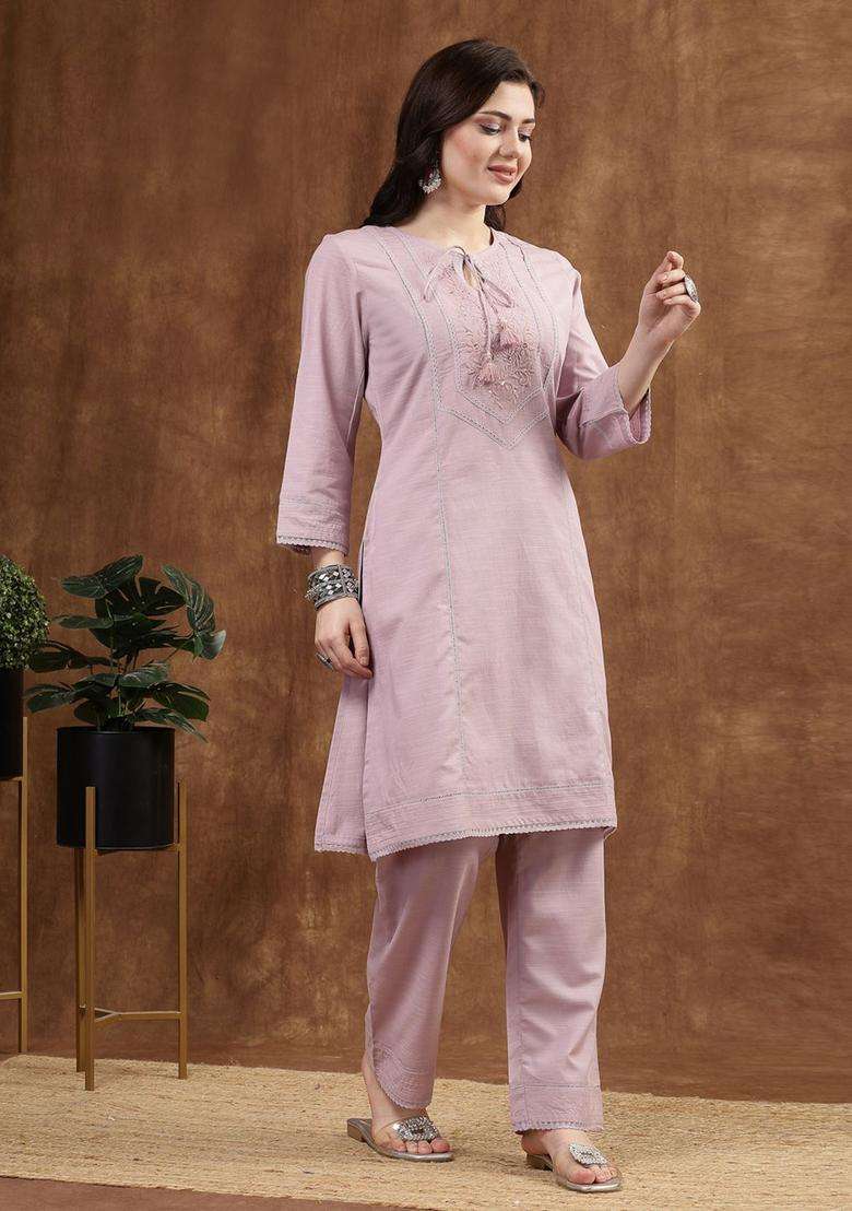 Lavender Solid Cotton Kurta Set - Indya