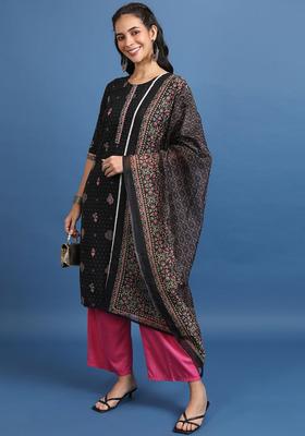 Black Printed Polyester Kurta Set