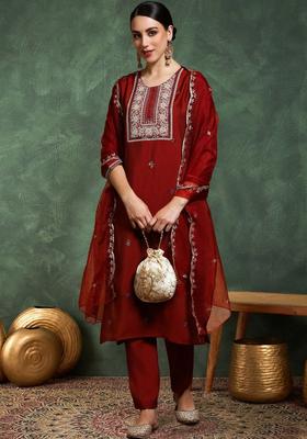 Rust Embroidered Cotton Kurta Set