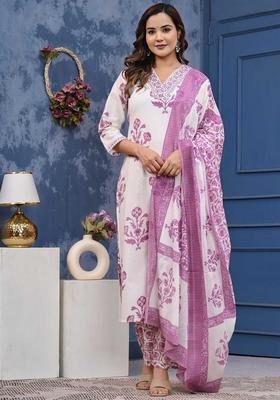 White Printed Cotton Kurta Set