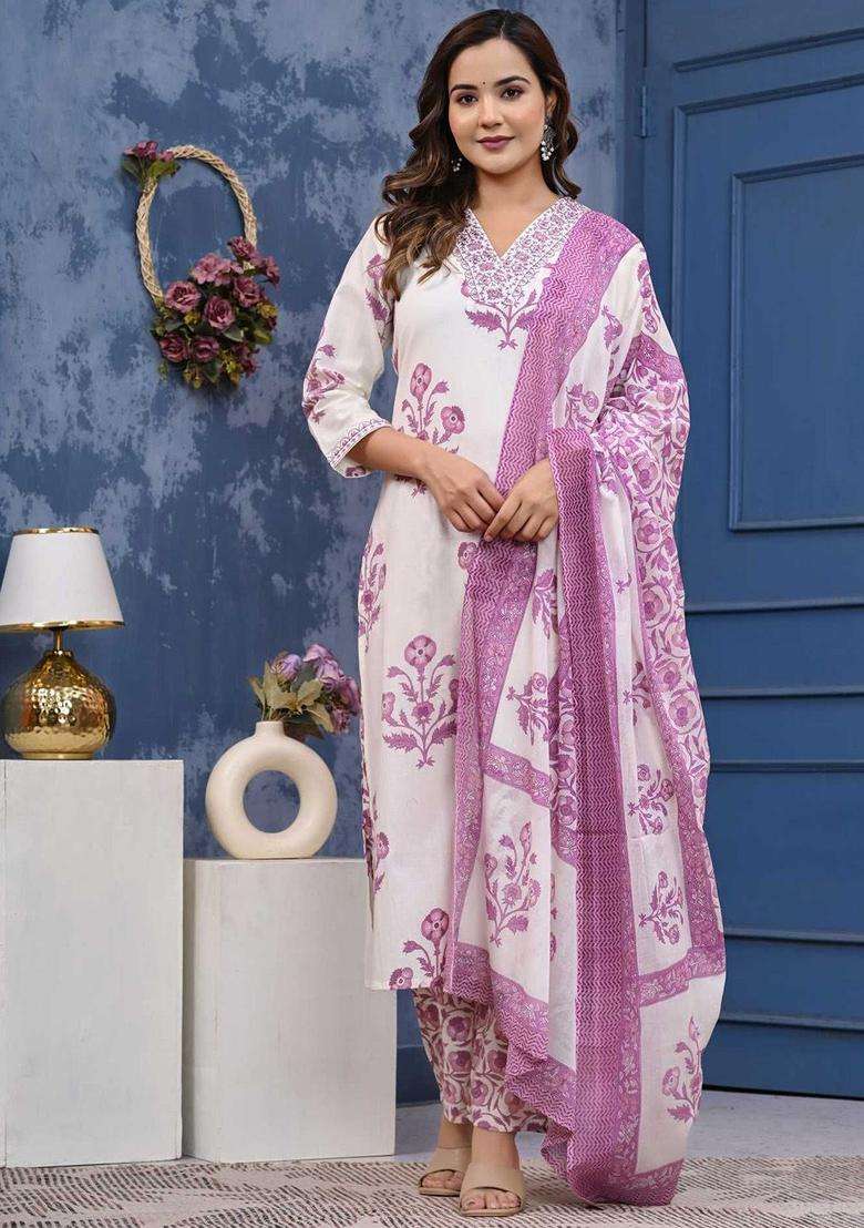 White Printed Cotton Kurta Set - Indya