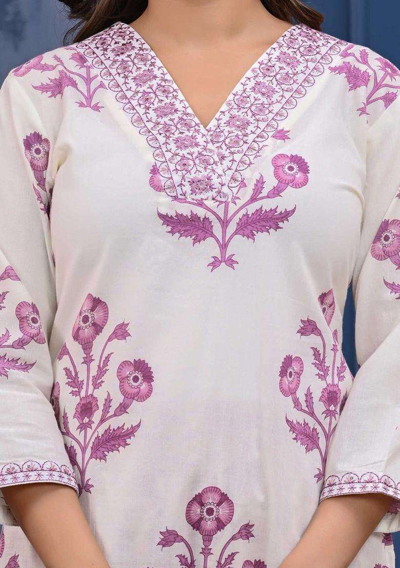 White Printed Cotton Kurta Set - Indya