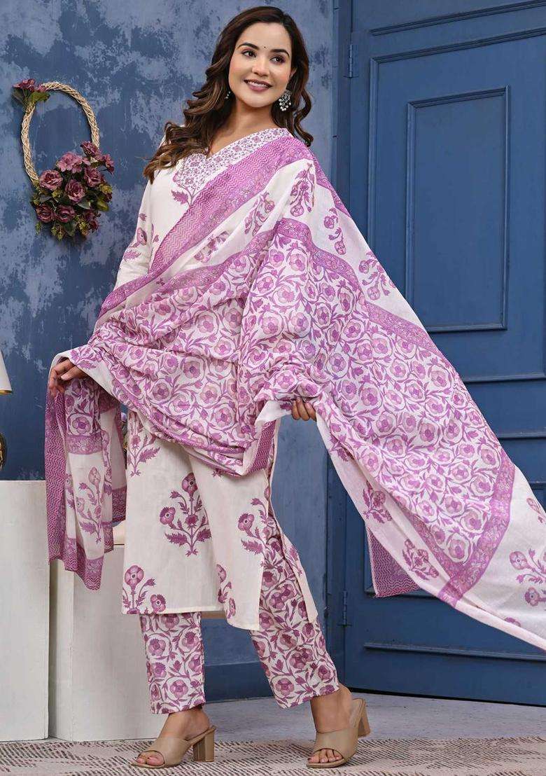 White Printed Cotton Kurta Set - Indya