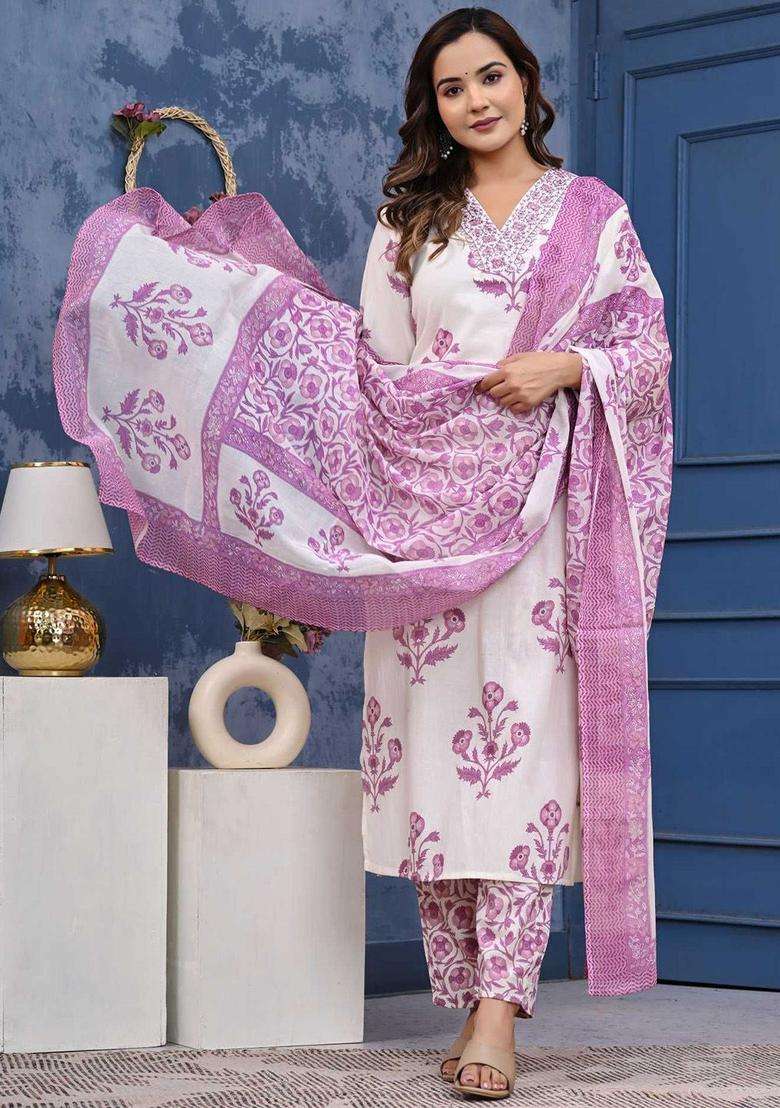 White Printed Cotton Kurta Set - Indya