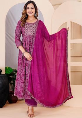 Purple Printed Viscose Kurta Set