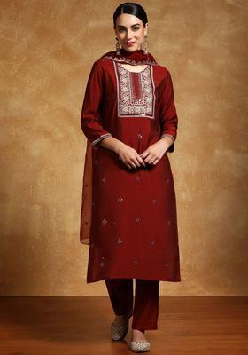 Rust Embroidered Cotton Kurta Set