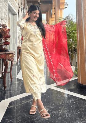Beige Embroidered Silk Kurta Set
