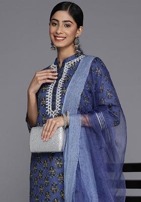 Navy Blue Printed Cotton Kurta Set