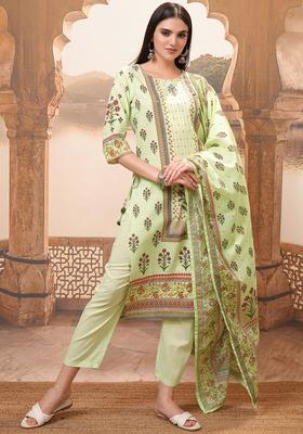 Lime Green Printed Cotton Kurta Set