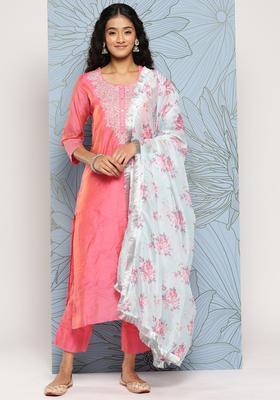 Pink Yoke Design Silk Blend Kurta Set