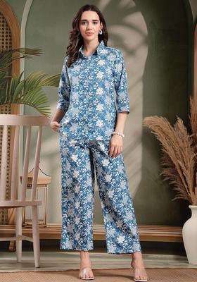 Blue Self Design Cotton Kurta Set