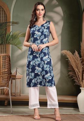 Navy Blue Self Design Cotton Kurta Set