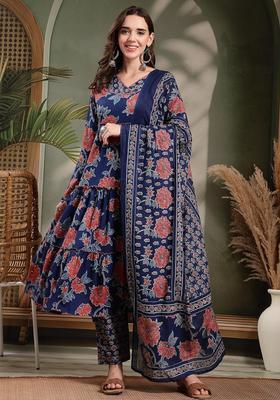 Blue Self Design Cotton Kurta Set