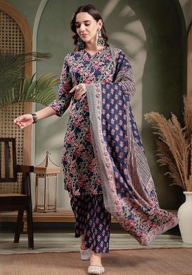 Navy Blue Self Design Cotton Kurta Set