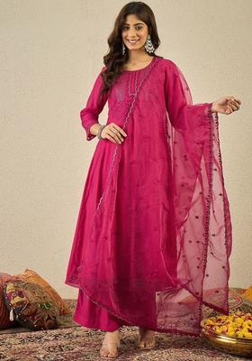 Fuchsia Yoke Design Silk Blend Anarkali Set