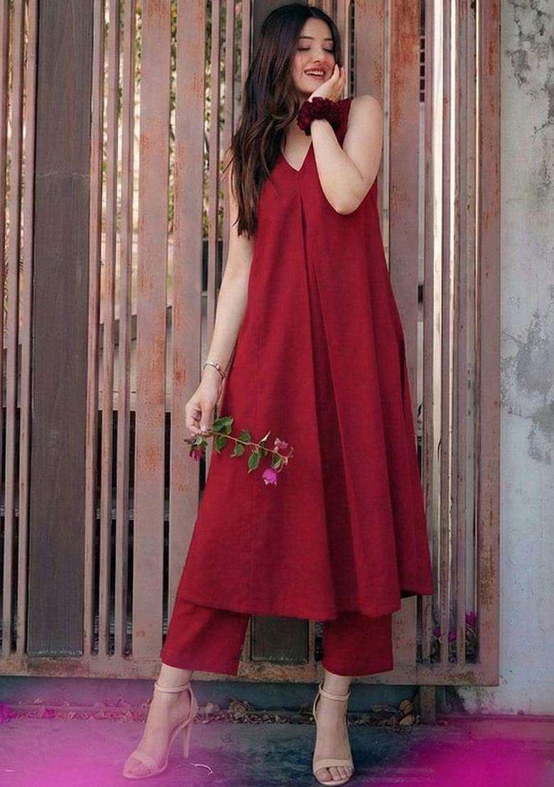 Maroon Solid Viscose Kurta Set - Indya