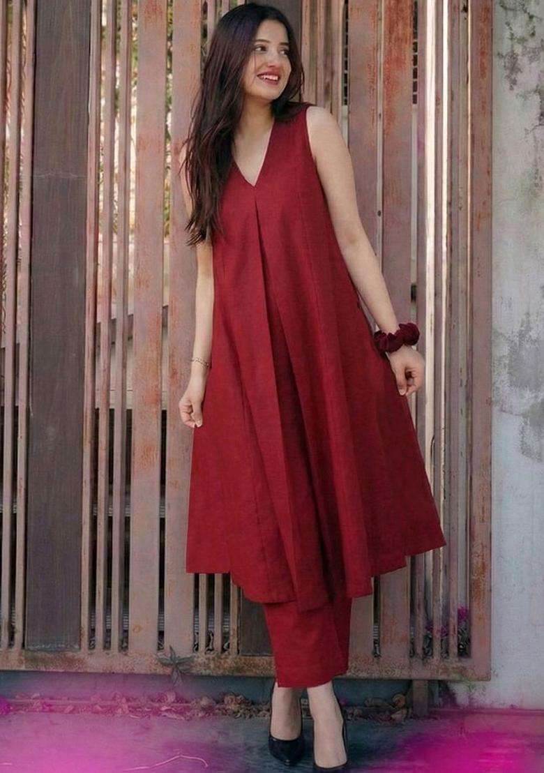 Maroon Solid Viscose Kurta Set - Indya
