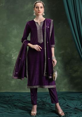Magenta Embroidered Polyester Kurta Set