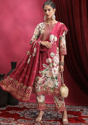 Red Printed Polyester Kurta Set