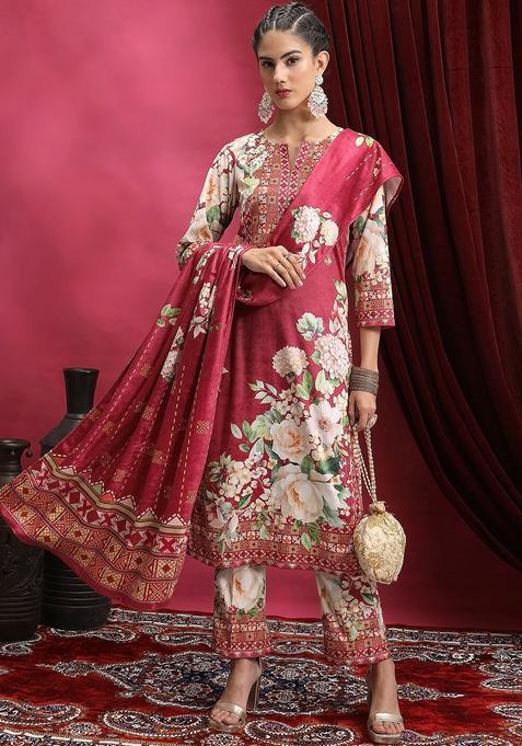 Red Printed Polyester Kurta Set — view on Indya