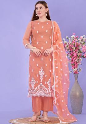 Orange Embroidered Net Kurta Set