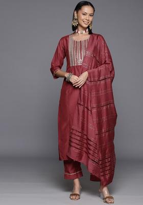 Rust Yoke Design Silk Blend Kurta Set