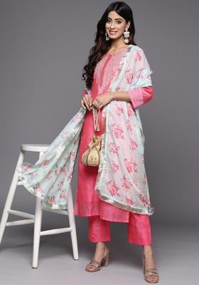 Pink Yoke Design Silk Blend Kurta Set